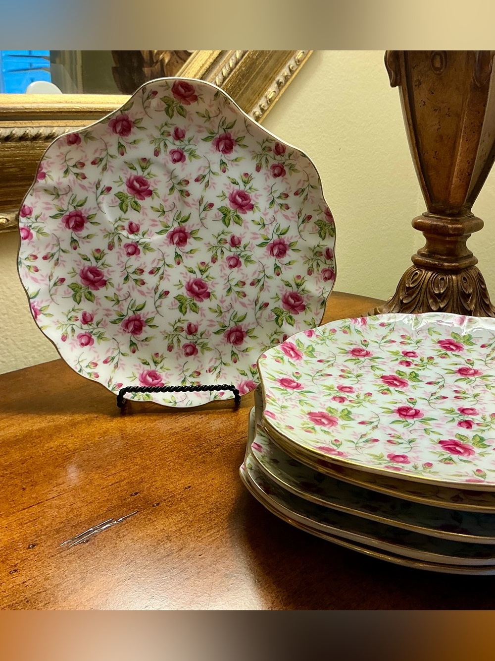 Vintage Lefton China Rose Chintz Snack Plates-Set of 6 (Pattern # 637R)